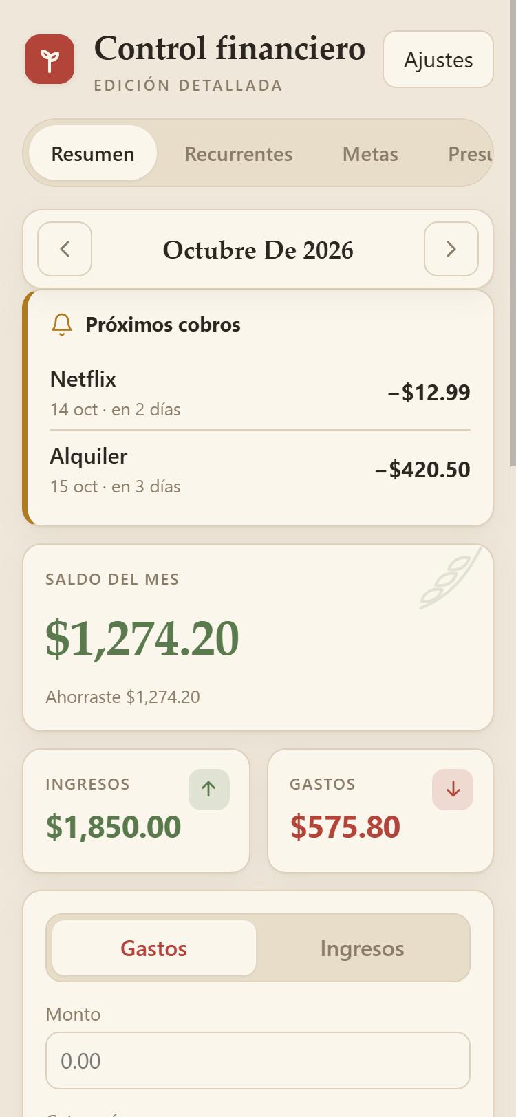 Versión detallada: aviso de próximos cobros y saldo del mes