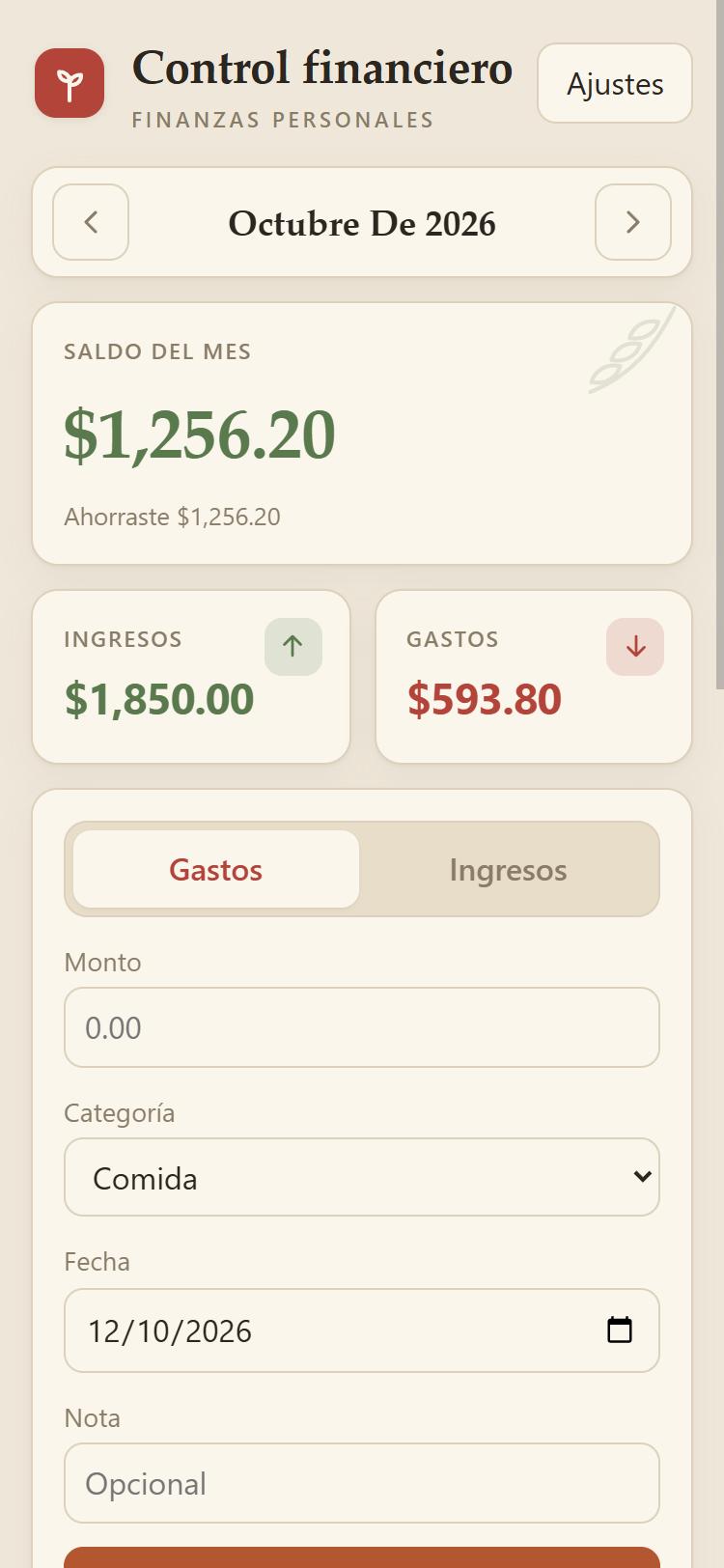 Pantalla de la app mostrando el saldo del mes, ingresos y gastos